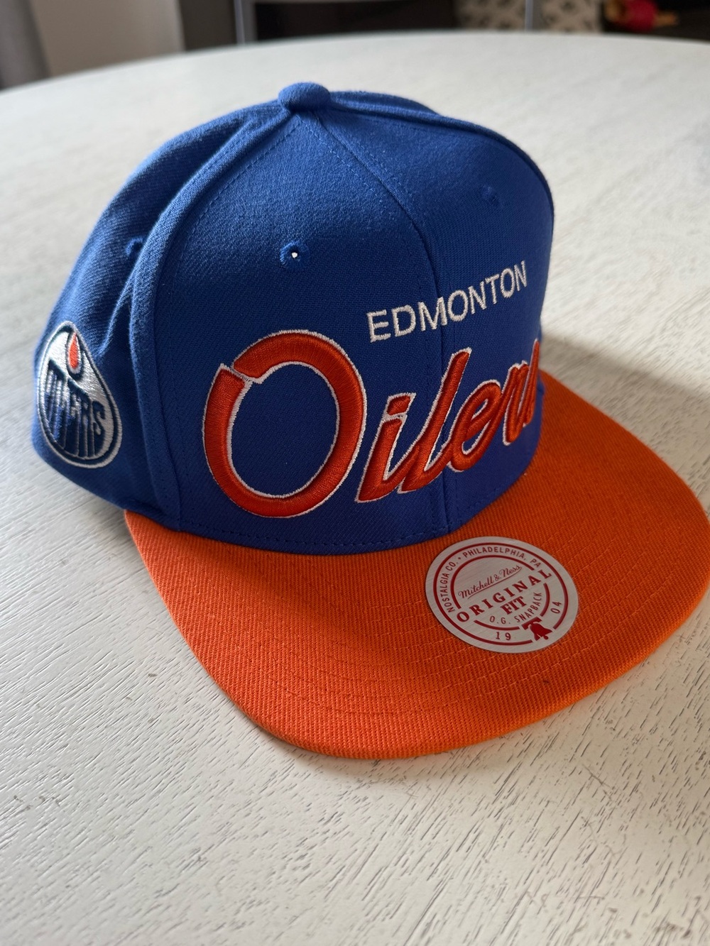 Mitchell & Ness Edmonton Oilers Blue and Orange Snapback Hat